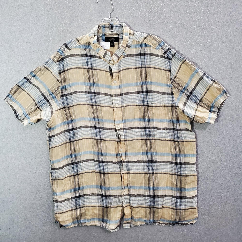 Club Room Men Button Up Shirt XL Beige Plaid 100% Linen Luxury Seersucker Collar